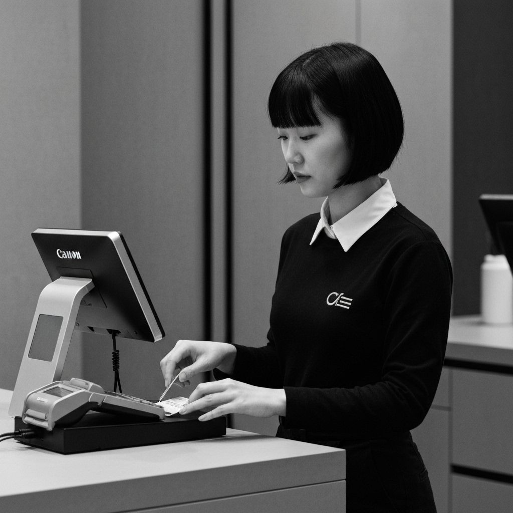 Cashier processing payment at a POS terminal, black-and-white