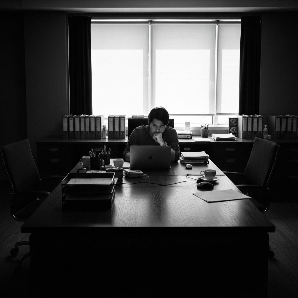 Calm black-and-white office workspace background, darker tone for contrast